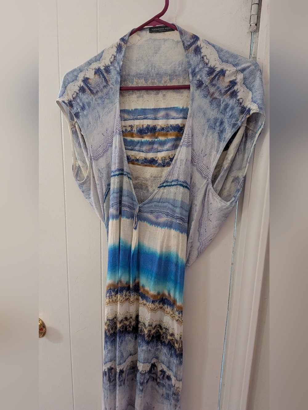 Alexander McQueen Blue White Tan Asymmetrical Maxi Dress